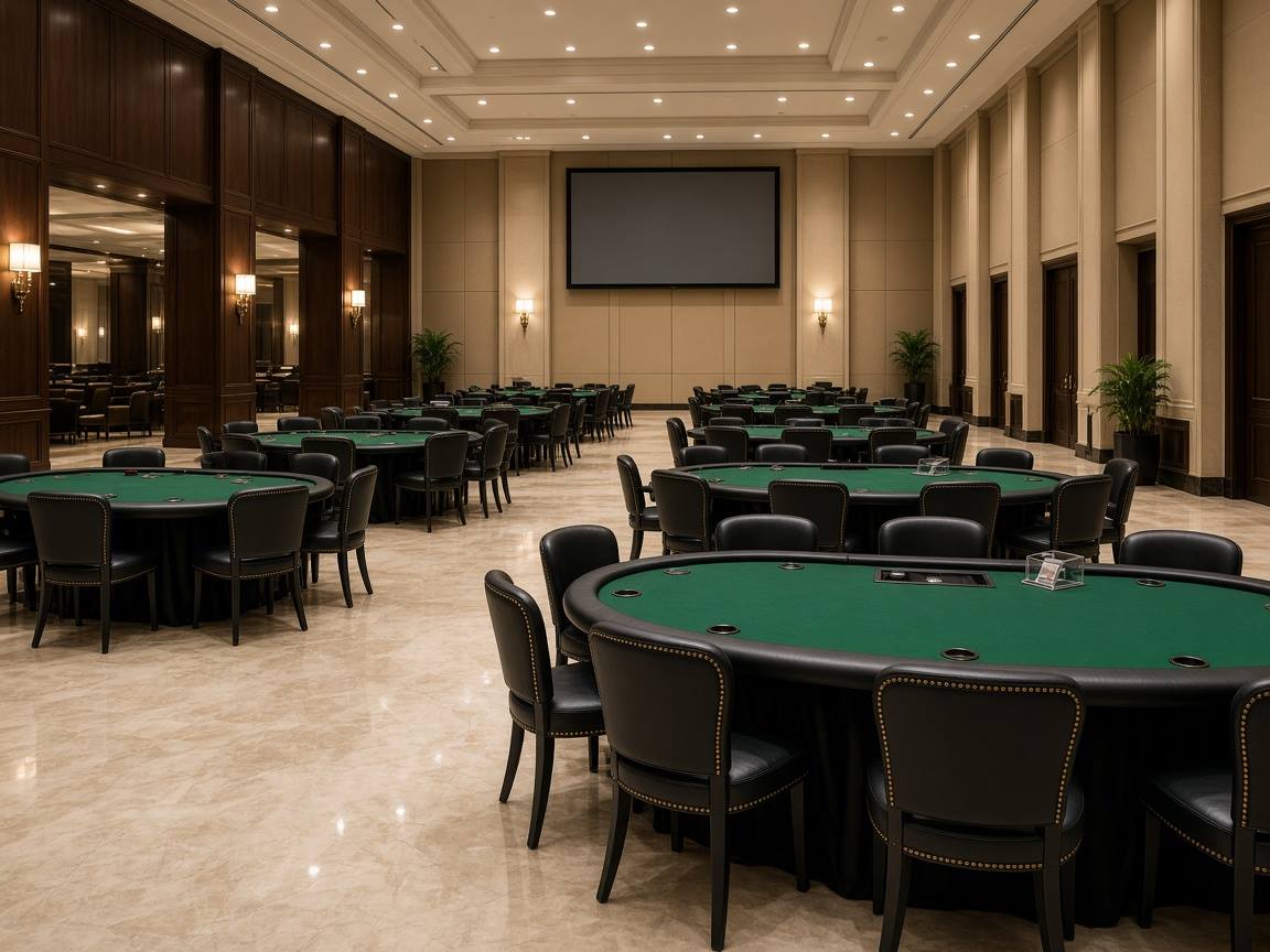 Hala turniejowa z pustymi stołami pokerowymi